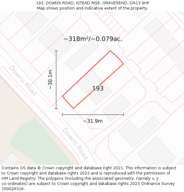 193, DOWNS ROAD, ISTEAD RISE, GRAVESEND, DA13 9HF: Plot and title map