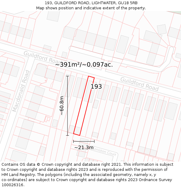 193, GUILDFORD ROAD, LIGHTWATER, GU18 5RB: Plot and title map