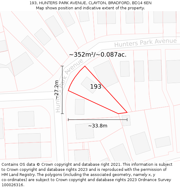 193, HUNTERS PARK AVENUE, CLAYTON, BRADFORD, BD14 6EN: Plot and title map