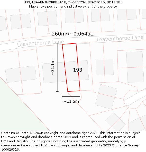 193, LEAVENTHORPE LANE, THORNTON, BRADFORD, BD13 3BL: Plot and title map