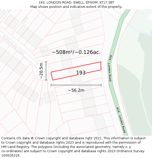 193, LONDON ROAD, EWELL, EPSOM, KT17 2BT: Plot and title map