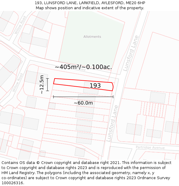 193, LUNSFORD LANE, LARKFIELD, AYLESFORD, ME20 6HP: Plot and title map