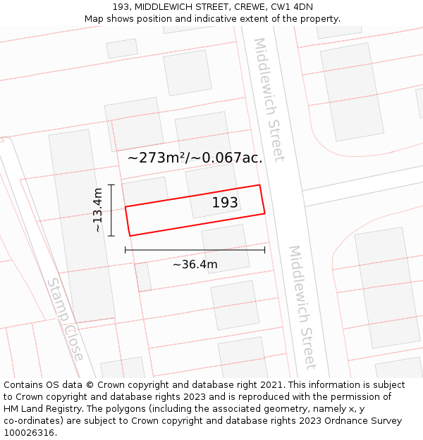 193, MIDDLEWICH STREET, CREWE, CW1 4DN: Plot and title map