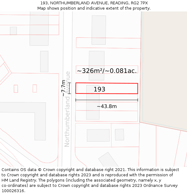 193, NORTHUMBERLAND AVENUE, READING, RG2 7PX: Plot and title map