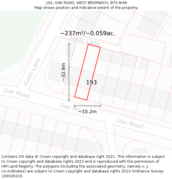 193, OAK ROAD, WEST BROMWICH, B70 8HW: Plot and title map