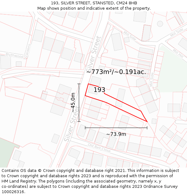 193, SILVER STREET, STANSTED, CM24 8HB: Plot and title map