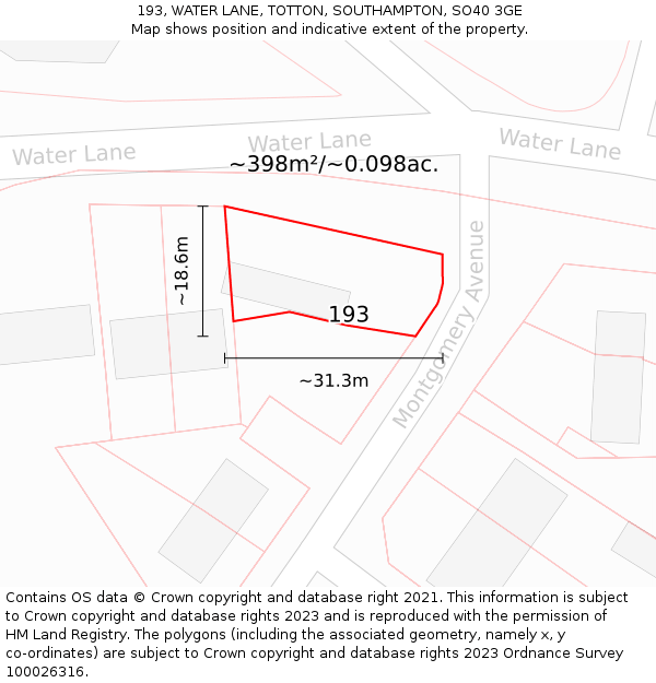 193, WATER LANE, TOTTON, SOUTHAMPTON, SO40 3GE: Plot and title map