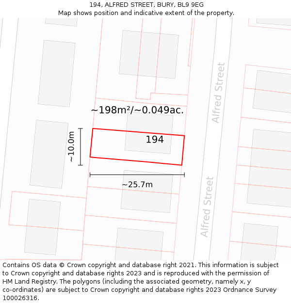 194, ALFRED STREET, BURY, BL9 9EG: Plot and title map