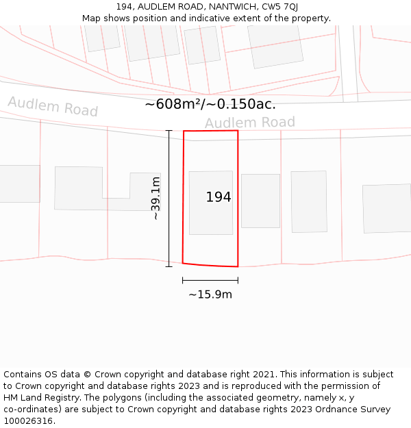 194, AUDLEM ROAD, NANTWICH, CW5 7QJ: Plot and title map