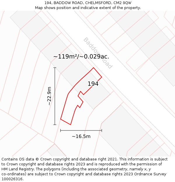 194, BADDOW ROAD, CHELMSFORD, CM2 9QW: Plot and title map