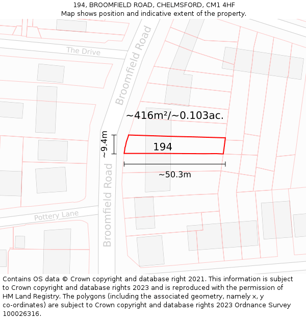 194, BROOMFIELD ROAD, CHELMSFORD, CM1 4HF: Plot and title map