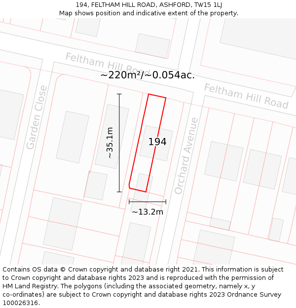 194, FELTHAM HILL ROAD, ASHFORD, TW15 1LJ: Plot and title map