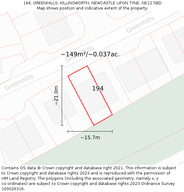 194, GREENHILLS, KILLINGWORTH, NEWCASTLE UPON TYNE, NE12 5BD: Plot and title map