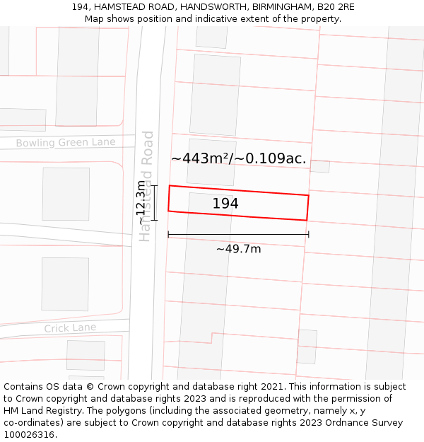 194, HAMSTEAD ROAD, HANDSWORTH, BIRMINGHAM, B20 2RE: Plot and title map