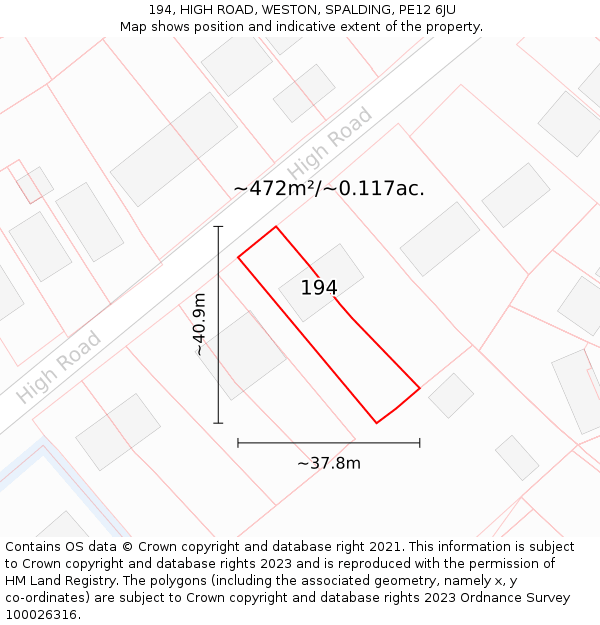 194, HIGH ROAD, WESTON, SPALDING, PE12 6JU: Plot and title map