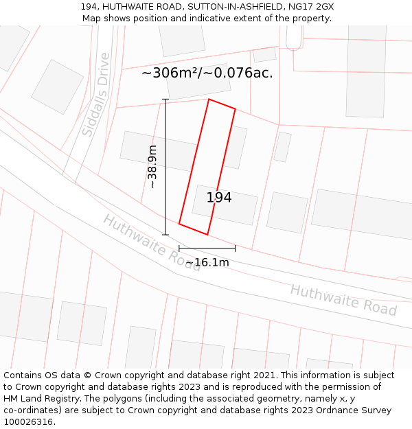 194, HUTHWAITE ROAD, SUTTON-IN-ASHFIELD, NG17 2GX: Plot and title map