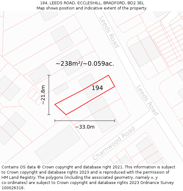 194, LEEDS ROAD, ECCLESHILL, BRADFORD, BD2 3EL: Plot and title map