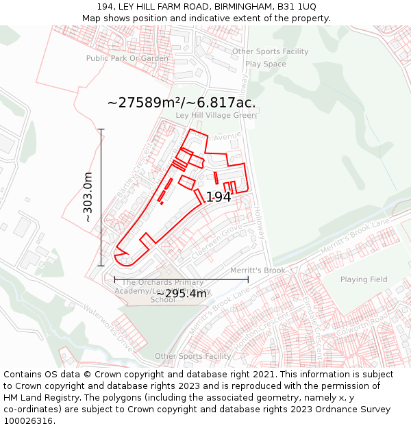 194, LEY HILL FARM ROAD, BIRMINGHAM, B31 1UQ: Plot and title map