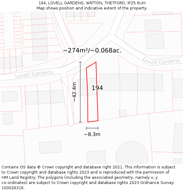 194, LOVELL GARDENS, WATTON, THETFORD, IP25 6UH: Plot and title map