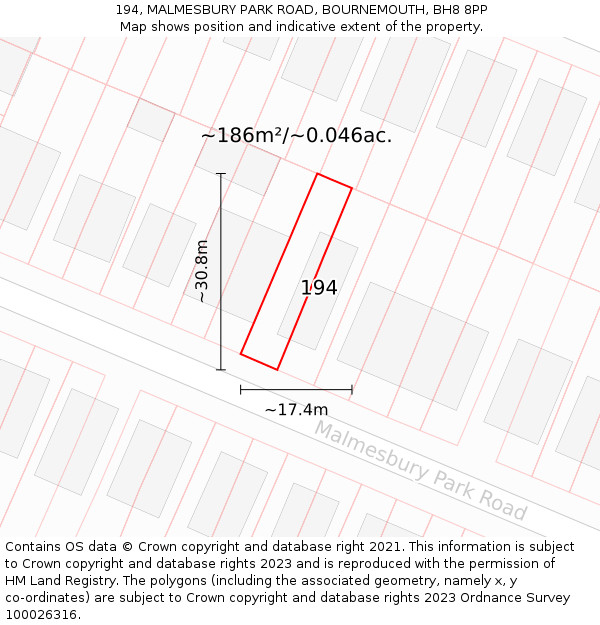 194, MALMESBURY PARK ROAD, BOURNEMOUTH, BH8 8PP: Plot and title map