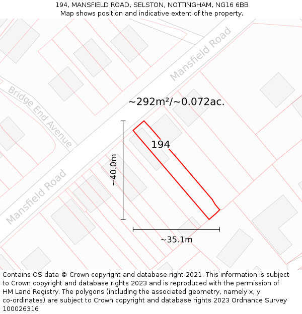 194, MANSFIELD ROAD, SELSTON, NOTTINGHAM, NG16 6BB: Plot and title map