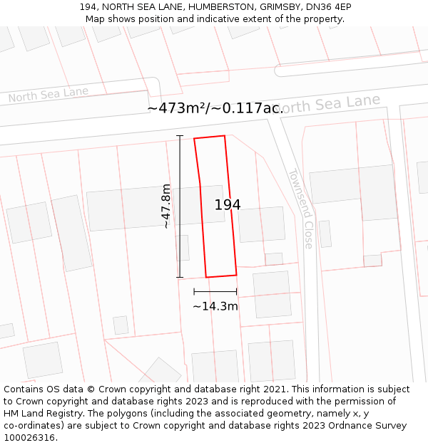 194, NORTH SEA LANE, HUMBERSTON, GRIMSBY, DN36 4EP: Plot and title map