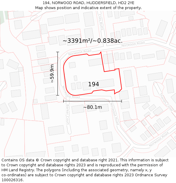194, NORWOOD ROAD, HUDDERSFIELD, HD2 2YE: Plot and title map