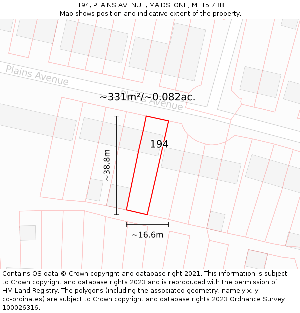 194, PLAINS AVENUE, MAIDSTONE, ME15 7BB: Plot and title map