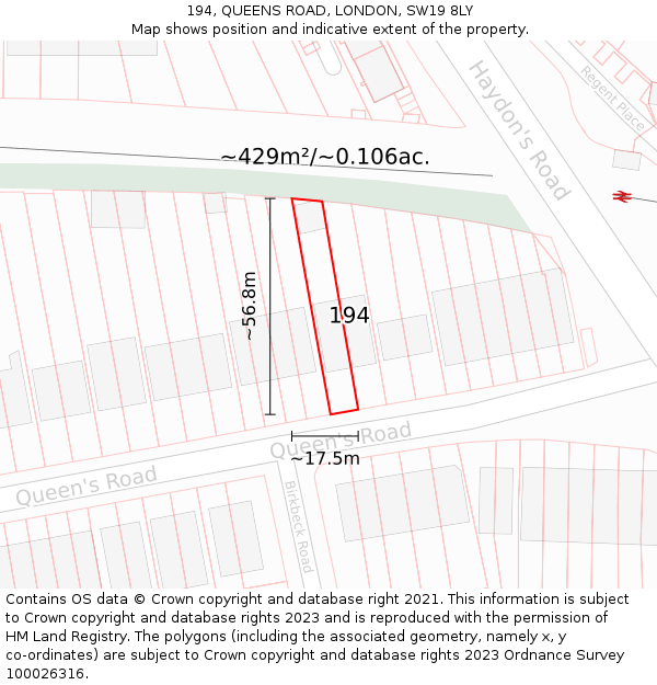 194, QUEENS ROAD, LONDON, SW19 8LY: Plot and title map