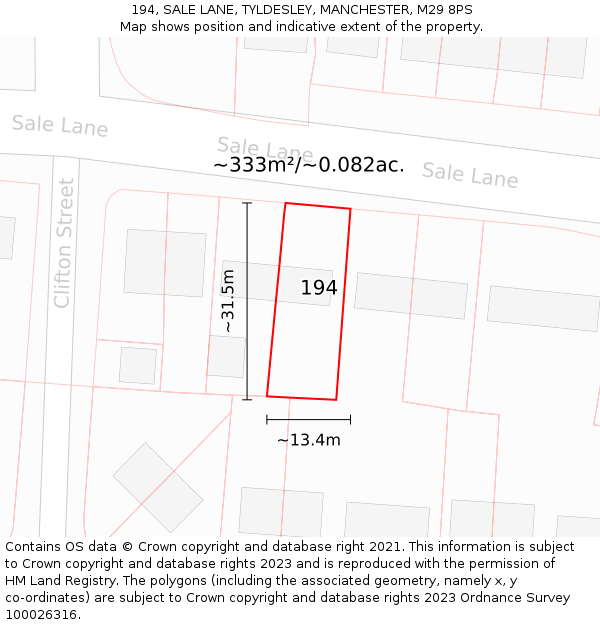 194, SALE LANE, TYLDESLEY, MANCHESTER, M29 8PS: Plot and title map