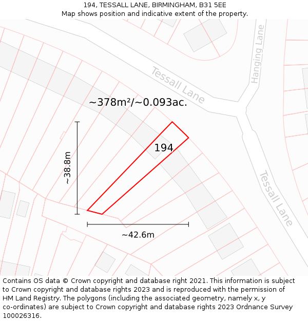 194, TESSALL LANE, BIRMINGHAM, B31 5EE: Plot and title map