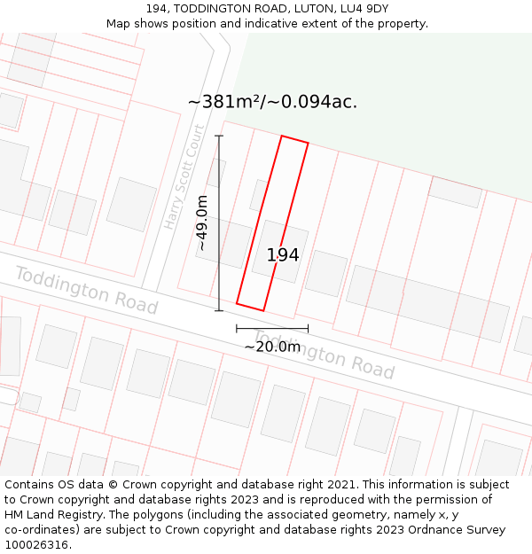 194, TODDINGTON ROAD, LUTON, LU4 9DY: Plot and title map