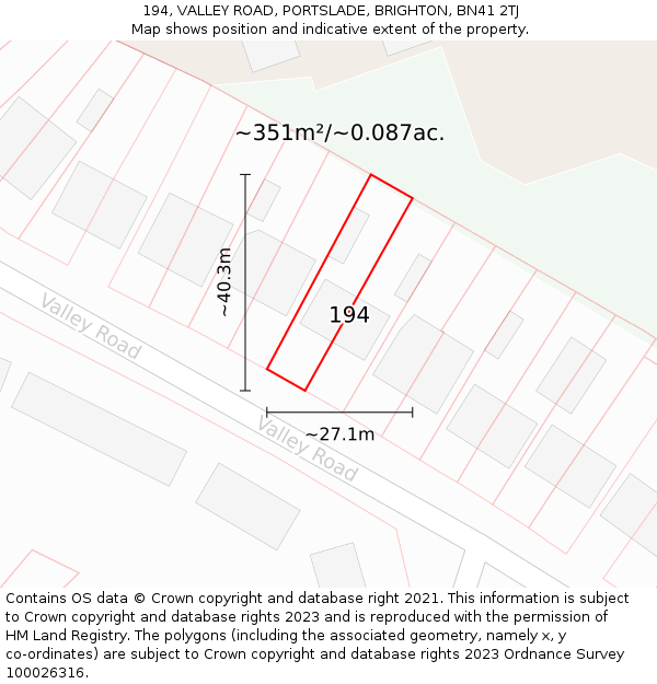 194, VALLEY ROAD, PORTSLADE, BRIGHTON, BN41 2TJ: Plot and title map