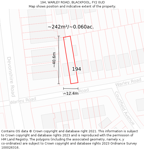 194, WARLEY ROAD, BLACKPOOL, FY2 0UD: Plot and title map