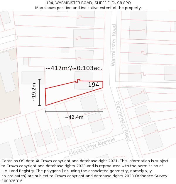 194, WARMINSTER ROAD, SHEFFIELD, S8 8PQ: Plot and title map