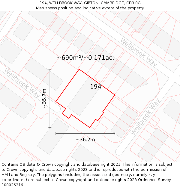 194, WELLBROOK WAY, GIRTON, CAMBRIDGE, CB3 0GJ: Plot and title map