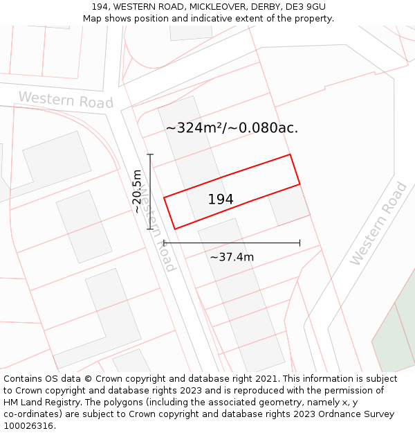 194, WESTERN ROAD, MICKLEOVER, DERBY, DE3 9GU: Plot and title map