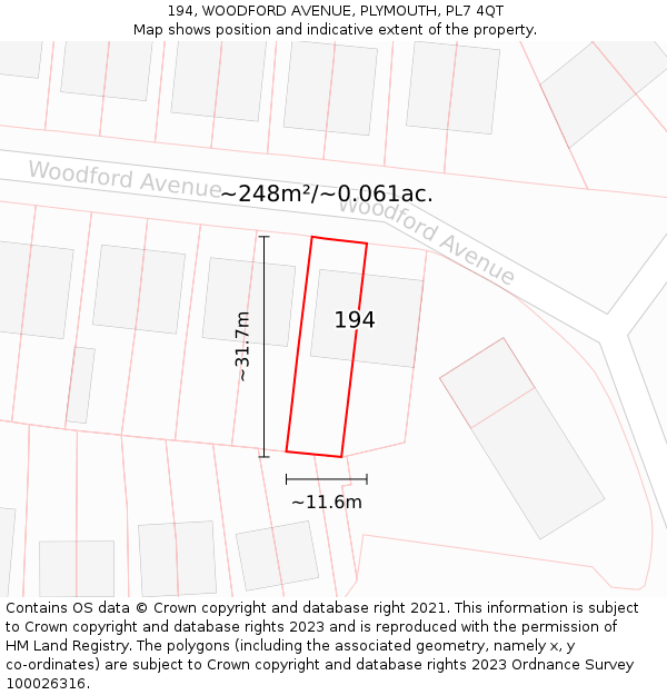 194, WOODFORD AVENUE, PLYMOUTH, PL7 4QT: Plot and title map