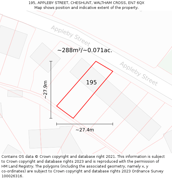 195, APPLEBY STREET, CHESHUNT, WALTHAM CROSS, EN7 6QX: Plot and title map