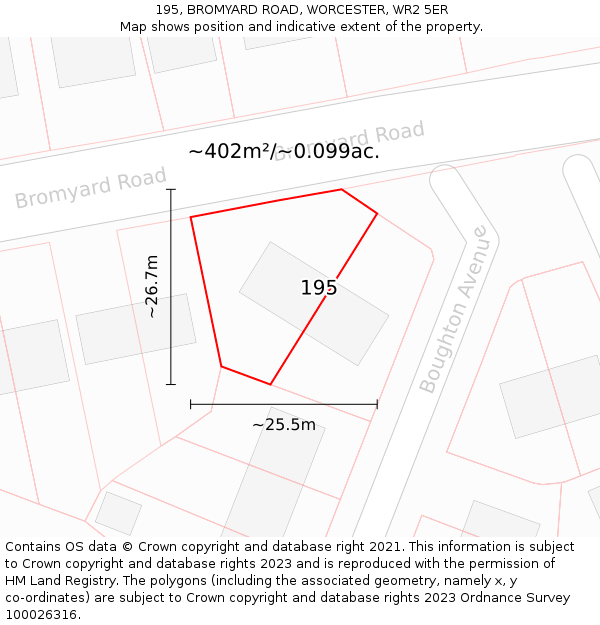 195, BROMYARD ROAD, WORCESTER, WR2 5ER: Plot and title map