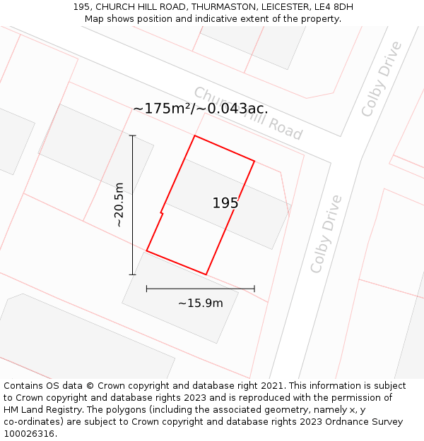 195, CHURCH HILL ROAD, THURMASTON, LEICESTER, LE4 8DH: Plot and title map