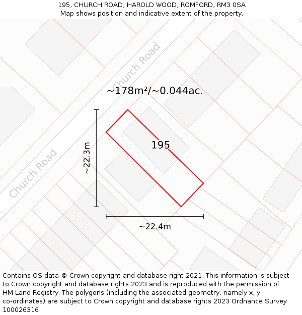 195, CHURCH ROAD, HAROLD WOOD, ROMFORD, RM3 0SA: Plot and title map