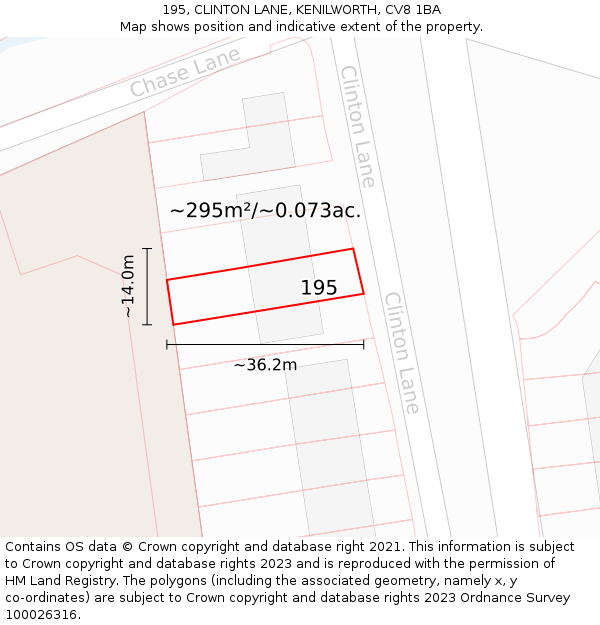 195, CLINTON LANE, KENILWORTH, CV8 1BA: Plot and title map