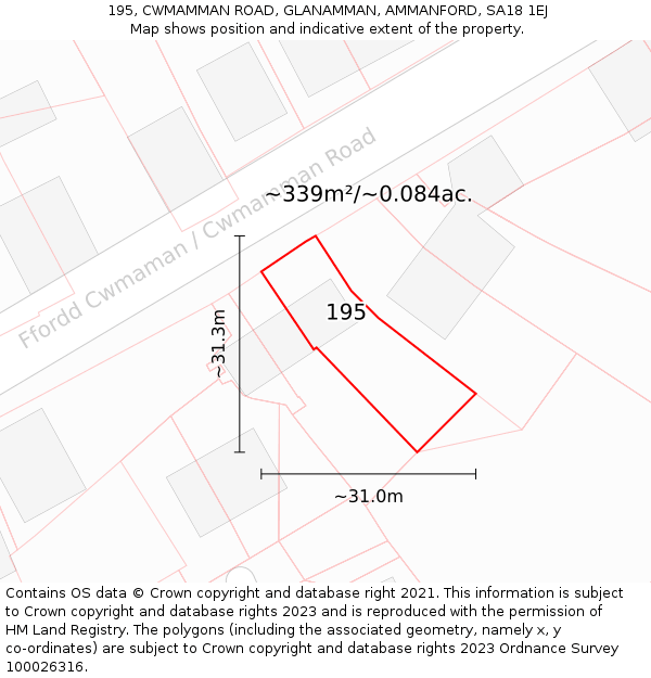 195, CWMAMMAN ROAD, GLANAMMAN, AMMANFORD, SA18 1EJ: Plot and title map