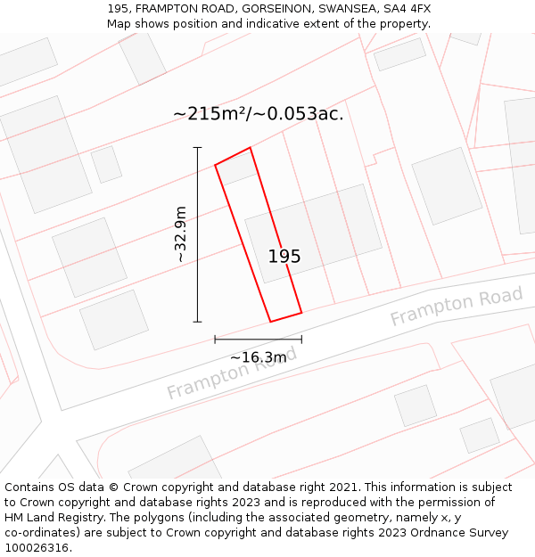 195, FRAMPTON ROAD, GORSEINON, SWANSEA, SA4 4FX: Plot and title map