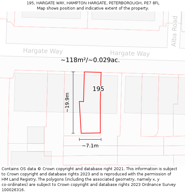 195, HARGATE WAY, HAMPTON HARGATE, PETERBOROUGH, PE7 8FL: Plot and title map