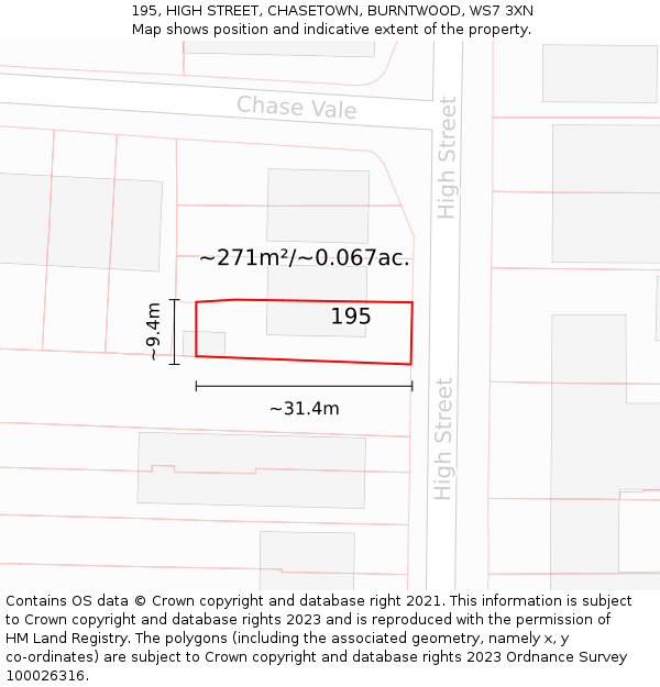 195, HIGH STREET, CHASETOWN, BURNTWOOD, WS7 3XN: Plot and title map