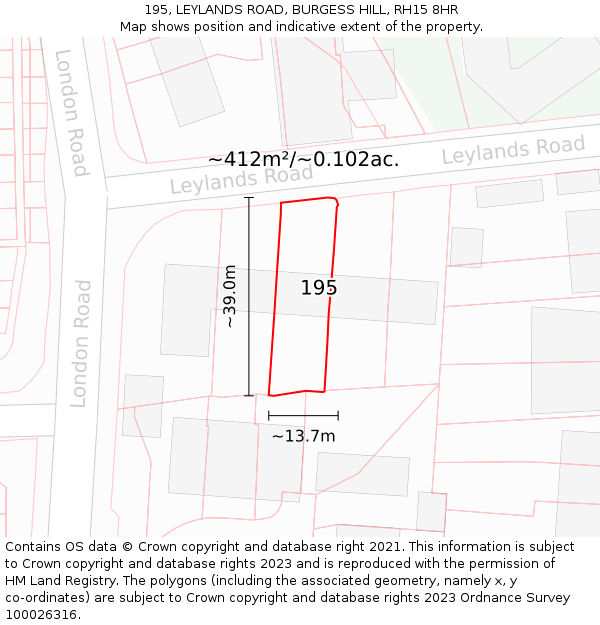 195, LEYLANDS ROAD, BURGESS HILL, RH15 8HR: Plot and title map