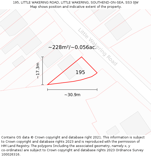 195, LITTLE WAKERING ROAD, LITTLE WAKERING, SOUTHEND-ON-SEA, SS3 0JW: Plot and title map