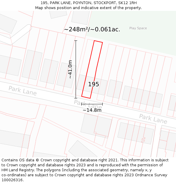 195, PARK LANE, POYNTON, STOCKPORT, SK12 1RH: Plot and title map